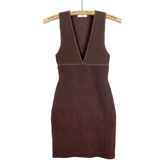 Aritzia Babaton Womens XS Sculpt Knit Ribbed Deep  V Neck Mini Dress Dark Brown - Picture 2 of 5